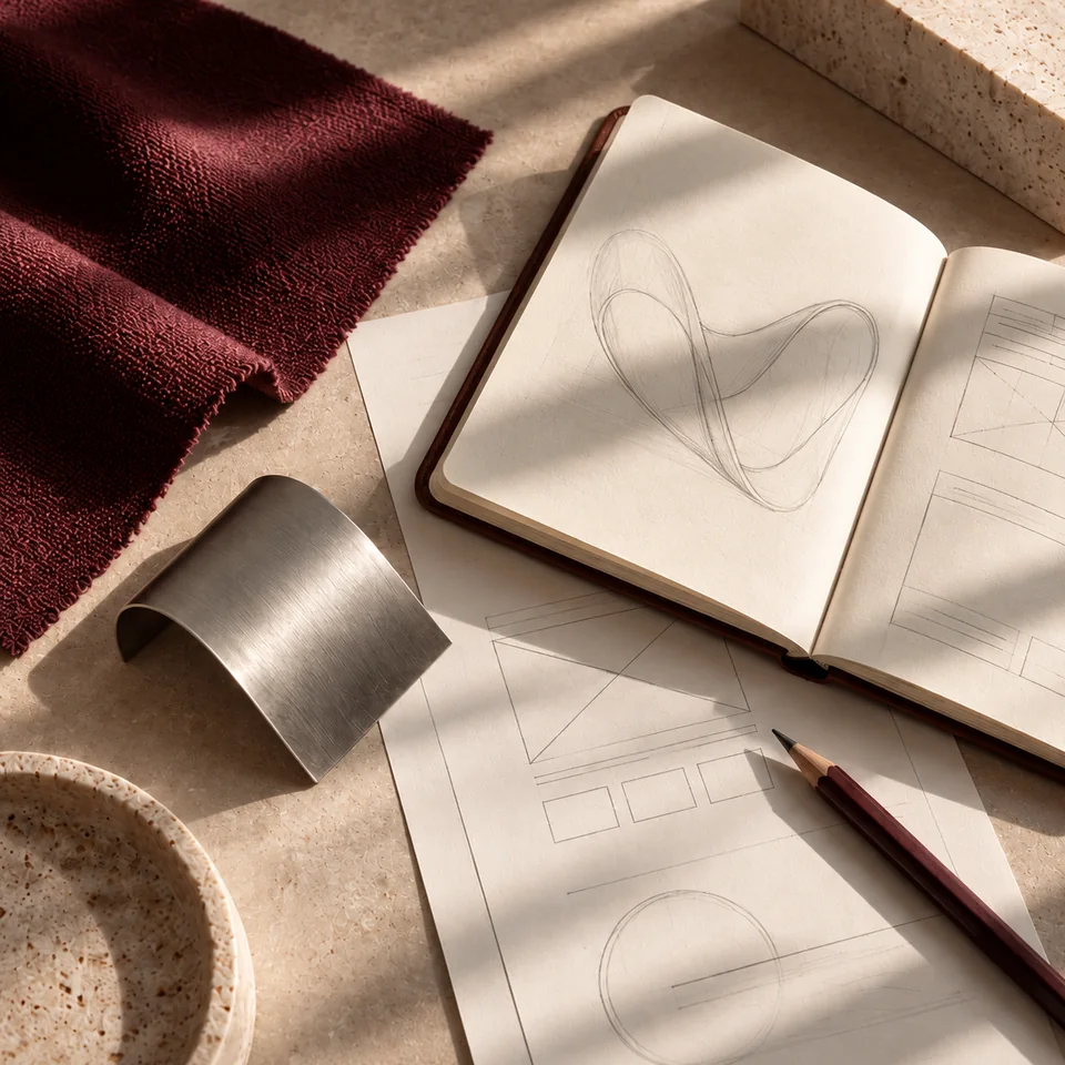 Sketchbook, website wireframes and a curved metal sample in warm afternoon light