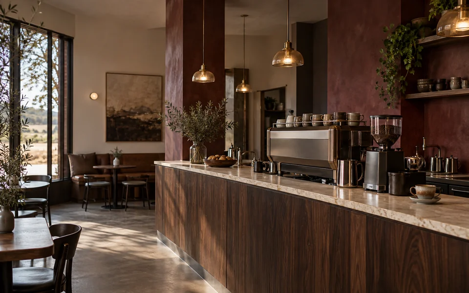 A contemporary coffee bar with warm timber and afternoon light