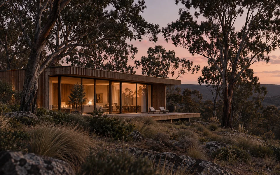 A warmly lit timber retreat in the Australian landscape