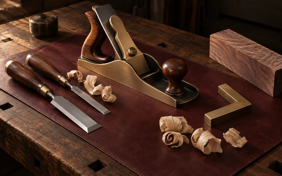 Carefully arranged woodworking tools on a craftsman's bench